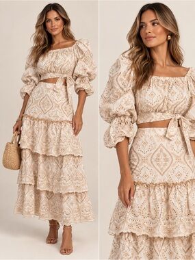 Lace The Label Women's Ivory
Eyelet Lace-Up skirt and top sz small